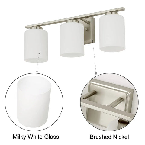 3 Light Vanity Light Fixture With Brushed Nickel Finish And White Glass Shades For Bathroom Lighting, Dope 20.5 Inch Length, UL Listed