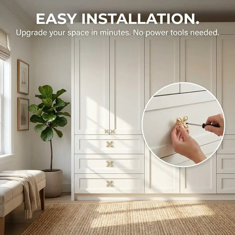 Close-up of installing 12 Pack Gold Dresser Knob Set With Screws, Solid Zinc Alloy, Brushed Brass Finish, Four Leaf Clover Style