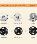 Diagram showing 120 Set Sew-On Metal Snap Buttons Pack With 8mm And 10mm Sizes In Black And Silver, including subbuckle and mother buckle pairs.