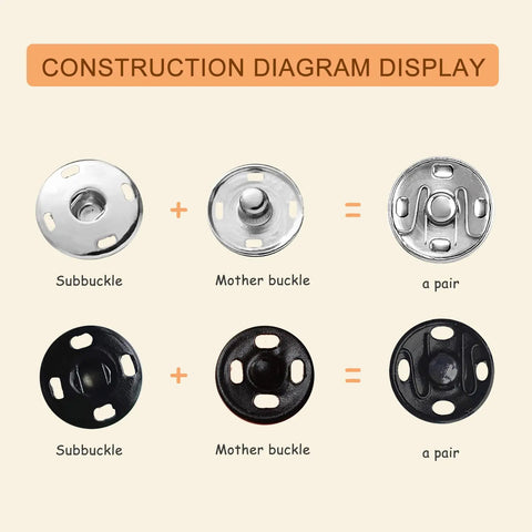 Diagram showing 120 Set Sew-On Metal Snap Buttons Pack With 8mm And 10mm Sizes In Black And Silver, including subbuckle and mother buckle pairs.
