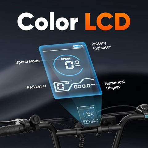 Color LCD display showing speed, PAS level, and battery for Fat Tire Electric Bike For Adults With 28 MPH Top Speed, 48V Power.