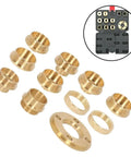Beefed Up Brass Router Template Guide Bushing Kit With Lock Nut Adapter and Sturdy Bag for Knockout Dovetail Hinge Routing and No Sweat Woodworking Projects showing brass rings and locking nut.