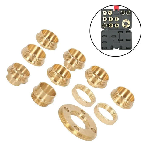 Beefed Up Brass Router Template Guide Bushing Kit With Lock Nut Adapter and Sturdy Bag for Knockout Dovetail Hinge Routing and No Sweat Woodworking Projects showing brass rings and locking nut.