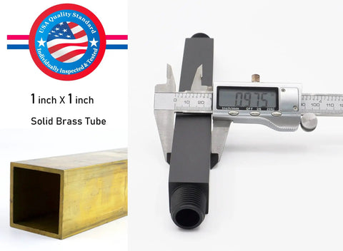 Square Shower Arm With Anti Scratch O Ring Flange 6 Inch Solid Brass Built To Last Ceiling Mount Extension Arm Matte Black Finish One Half NPT Tapered Threads Straight Shower Head Arm with digital caliper measuring 1 inch brass pipe.