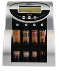 Heavy Lifter Electric Usd Coin Counter And Sorter With Dual Row Sorting Four Hundred Coin Hopper And No Drama Anti Jam Tech Plus Fast Lane Value Counting For Quick Daily Cash Handling displaying coin tubes and digital screen.