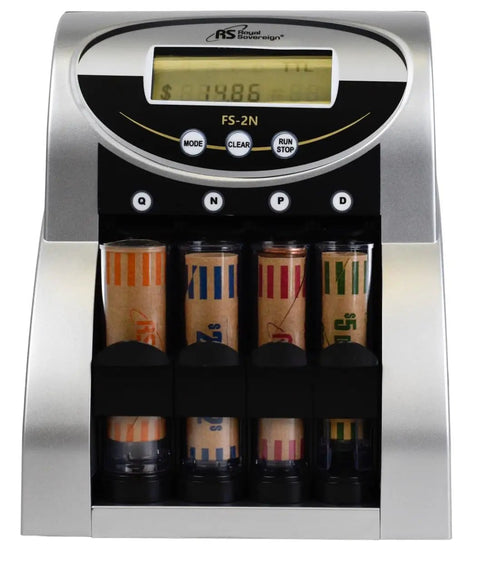 Heavy Lifter Electric Usd Coin Counter And Sorter With Dual Row Sorting Four Hundred Coin Hopper And No Drama Anti Jam Tech Plus Fast Lane Value Counting For Quick Daily Cash Handling displaying coin tubes and digital screen.