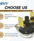 Three Pack L300F Cutoff Manual Reset Thermostat Flame Rollout Limit Switch, promotional features, 1/4 inch terminal spades