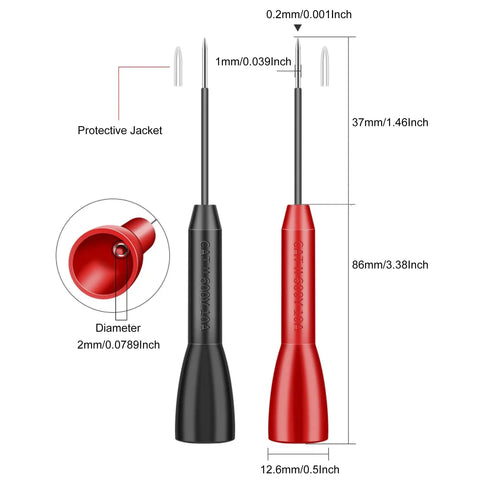 4 Pack 2mm Extended Needle Test Probes Pro Grade For Multimeters 600V 10A Non Destructive Insulation Piercing Stainless Steel Ultra Sharp Tips Great For Fluke Meters And Other Popular Test Leads Black Red