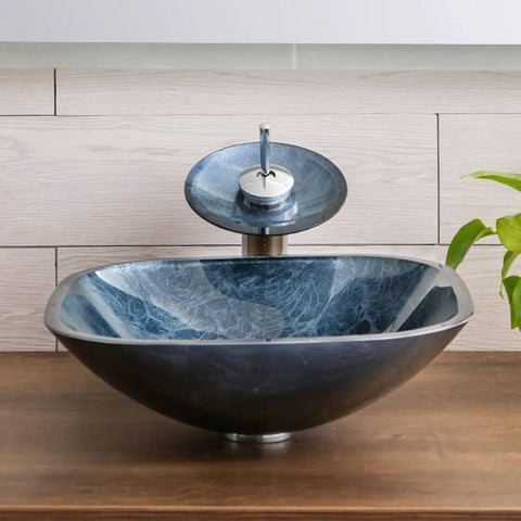 Boost Your Bathroom Vibes With This Durable Tempered Glass Vessel Sink Modern Square Counter Washbasin A Real Game Changer Featuring Rock Solid One-Piece Build And A Sleek Waterfall Faucet.