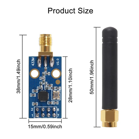 Clutch Drop Cc1101 Wireless Transceiver Module With Durable Sma Antenna dimensions and layout showing 38mm x 15mm size.