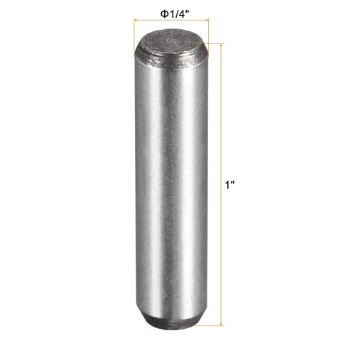 Quarter Inch Dowel Pins, 1 Inch Long, Heat Treated Alloy Steel For Extra Hardness, Bright Finish, shown with dimensions labeled