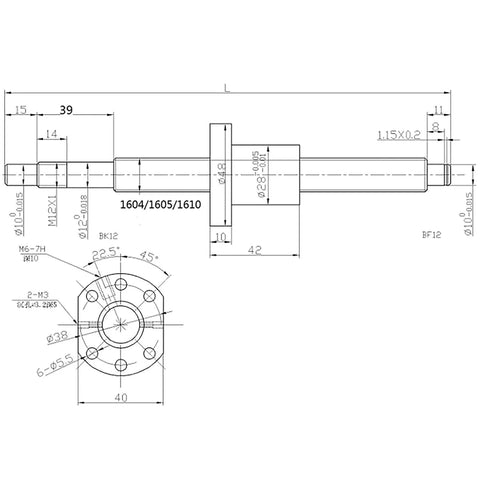 Technical drawing of Ball Screw Kit SFU1605 600mm For CNC Machines With 16mm Shaft Metal Deflector Hand Wheel Nut Housing BK12 BF12 End Supports