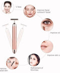 24K Gold Pulse Facial Massager With Micro Vibration For Sensitive Skin, T Shape Electric Face Tool That Tightens Lifts Firms And Rejuvenates Neck Eyes And Forehead For A Youthful Radiant Glow. Rose gold handheld facial massager shown with skin care benefits.