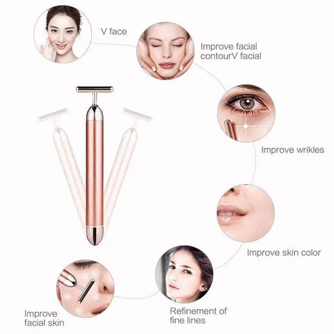 24K Gold Pulse Facial Massager With Micro Vibration For Sensitive Skin, T Shape Electric Face Tool That Tightens Lifts Firms And Rejuvenates Neck Eyes And Forehead For A Youthful Radiant Glow. Rose gold handheld facial massager shown with skin care benefits.