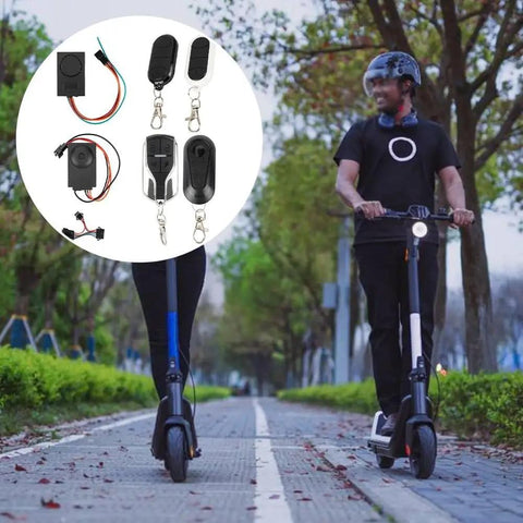 Kick The Theft Away With This Banger E Bike Alarm For 36 To 72 Volts Scooters Featuring Loud Dual Switch Security And Serious Anti Theft Protection To Keep Your Ride Safe And Sound While You Chill Out. black scooter alarm kit with remote key fobs on riders