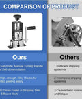 Comparison of dual-drive wire stripping machines showing advantages of Effortless Wire Stripping Machine Dual Drive Wire Stripper Tool Drill Powered And Hand Crank For Scrap Copper Recycling DIY Automotive Cables And Everyday Electrical Projects in the Garage.