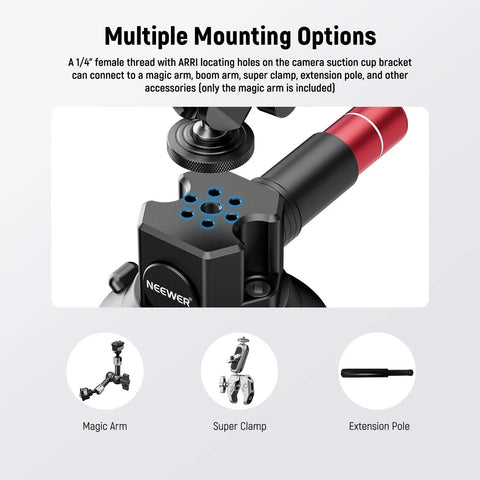 3 Inch Suction Cup Camera Mount With Dual Ball Head Arm And Quick Release for action cams and phones, ARRI holes detail.