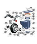 Hardcore Heavy Duty Caster Wheels Set Of 4 parts diagram showing components including rubber tread and dual lock brakes.