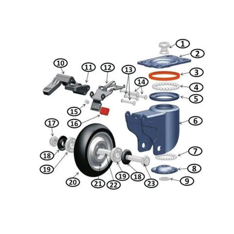 Hardcore Heavy Duty Caster Wheels Set Of 4 parts diagram showing components including rubber tread and dual lock brakes.