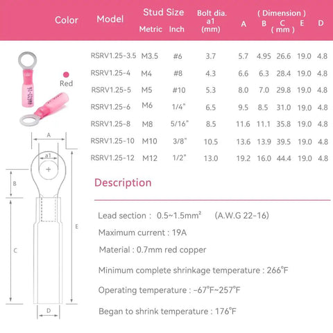 Diagram and specifications for Fifty Pack Ring Terminals Red For 22-16 AWG With M4 Studs Heavy Duty Heat Shrink Wire Connector Kit.