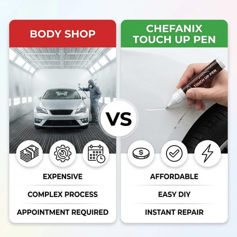 Comparison of body shop service and 2 In 1 Pure Black Touch Up Paint Kit For Cars And Motorcycles With OEM Color Match, Quick Dry Formula.
