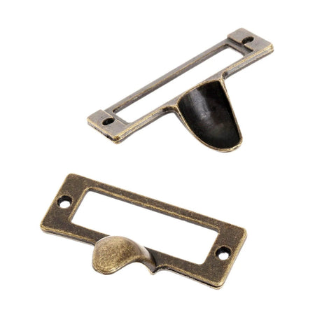 Close-up of Six Pack Antique Brass Label Frame Card Holder Drawer Pulls 2.12 by 1.18 inch zinc alloy hardware