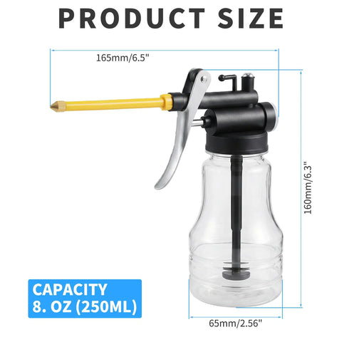 Two Pack Pistol Pump Oiler Can 250ml 8 oz transparent PE bottle with straight spout, product dimensions shown.
