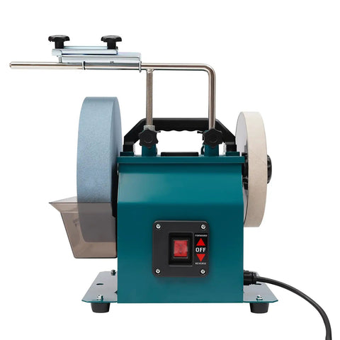 Badass 10 Inch Water Cooled Knife Sharpening Machine 240W Electric Bench Grinder side view with dual sharpening wheels.