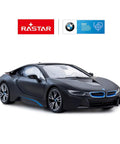 Matte black BMW I8 1:14 Scale Remote Control Car With Open Scissor Doors, side view showcasing sleek design and details