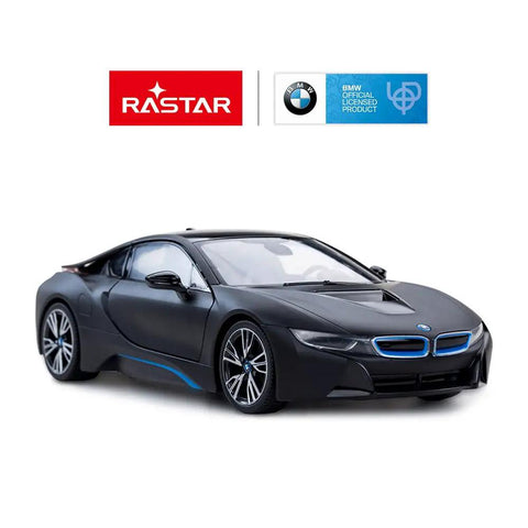 Matte black BMW I8 1:14 Scale Remote Control Car With Open Scissor Doors, side view showcasing sleek design and details