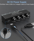 4 Channel Ultra Low Noise Mini Audio Mixer With 3.5mm Input For Guitars Bass And Keyboards, USB port and cable setup shown