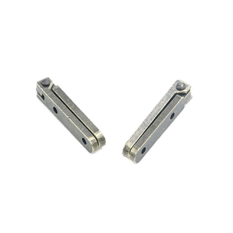 Two 90-degree folding bronze hinges for jewelry boxes, small wooden box hinges with screws, durable zinc alloy construction.
