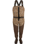 Men's Insulated Guardian Elite Front Zip Wader with TiZIP MasterSeal 10 vertical zip, Mossy Oak Bottomland pattern, boots shown