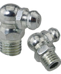 Close-up of two M8 zerk fittings from the 12 Pack Stainless Steel Grease Fittings Kit With 4 Straight, 4 90 Degree, And 4 45 Degree fittings.