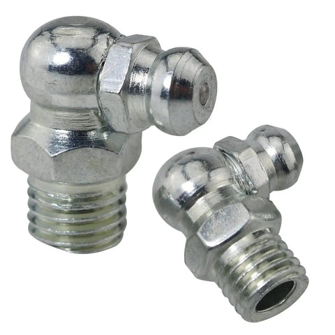 Close-up of two M8 zerk fittings from the 12 Pack Stainless Steel Grease Fittings Kit With 4 Straight, 4 90 Degree, And 4 45 Degree fittings.