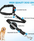 Adjustable Dog Car Seat Belt With Bungee Cord And Universal Headrest Mount, 2 Pack Pet Travel Safety Harness For Road Trips, Secure Quick Snap Buckle Keeps Your Four Legged Buddy Locked In Tight showing features of adjustable leash, lockable buckle and bungee cord.