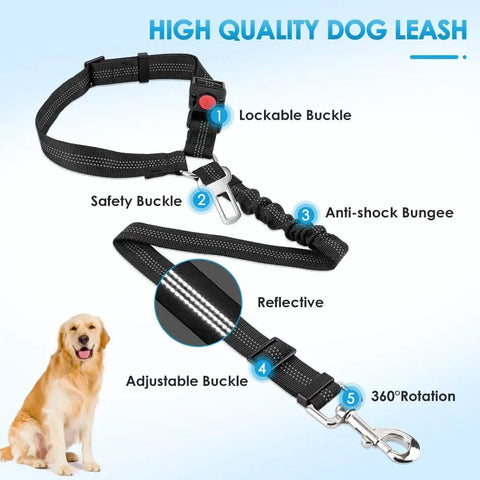 Adjustable Dog Car Seat Belt With Bungee Cord And Universal Headrest Mount, 2 Pack Pet Travel Safety Harness For Road Trips, Secure Quick Snap Buckle Keeps Your Four Legged Buddy Locked In Tight showing features of adjustable leash, lockable buckle and bungee cord.