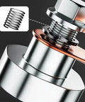 Close-up of Heavy Duty Magnetic Welding Ground Clamp With Copper Tip, featuring secure bolt connection and metal spring detail.