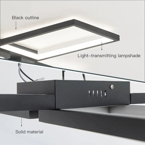 Close-up of Black Square LED Ceiling Light Flush Mount for Dining Room Living Room Kitchen, 33.07 Inch Geometric Modern Fixture.