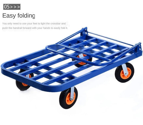Easy folding Heavy Duty Flatbed Cart Foldable Platform Truck With Comfortable Armrest And Metal Push Dolly For Home Office And Workshop Transport, Silent Rubber Casters, Scratch Resistant, Easy Roll Utility Hauler in blue steel