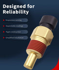 Vehicle engine coolant temperature sensor (ECT) with gold metal body, red sealing ring and black connector — angled view