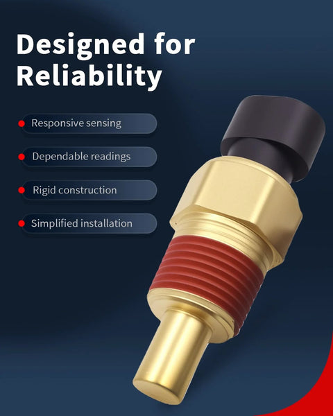 Vehicle engine coolant temperature sensor (ECT) with gold metal body, red sealing ring and black connector — angled view
