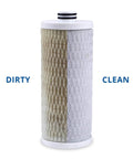 Split view of Replacement Filter Cartridge For Countertop Water Filtration System That Delivers Crisp Tasting Water From Your Kitchen Faucet And Removes Up To 97 Percent Chlorine And 99 Percent Of 77 Contaminants AQ 4035 showing dirty and clean sides