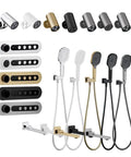 Multiple handheld shower heads and control panels for Hidden Wall Mounted Shower System With Led Digital Display And Waterfall Rain Head Matte White Slick Embedded Design Smooth Operation No Fuss Modern Bathroom Upgrade Temperature Control Anti Scald Safety.