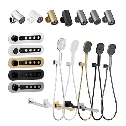 Multiple handheld shower heads and control panels for Hidden Wall Mounted Shower System With Led Digital Display And Waterfall Rain Head Matte White Slick Embedded Design Smooth Operation No Fuss Modern Bathroom Upgrade Temperature Control Anti Scald Safety.