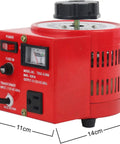 Auto Voltage Transformer 110V Input to 0 to 130V AC Variable Voltage Converter 500W, 14.5cm red unit with voltmeter and on-off switch.
