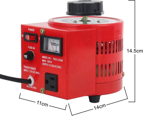 Auto Voltage Transformer 110V Input to 0 to 130V AC Variable Voltage Converter 500W, 14.5cm red unit with voltmeter and on-off switch.