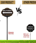 Comparison of Left Arrow Package Delivery Sign For Front Yard With 19 Inch Adjustable Metal Stake and smaller sign in yard.