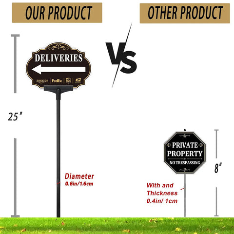 Comparison of Left Arrow Package Delivery Sign For Front Yard With 19 Inch Adjustable Metal Stake and smaller sign in yard.