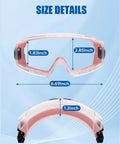 Pink Safety Goggles Over Glasses 2 Pack With ANSI Z87.1 Certification showing size details for lenses and strap